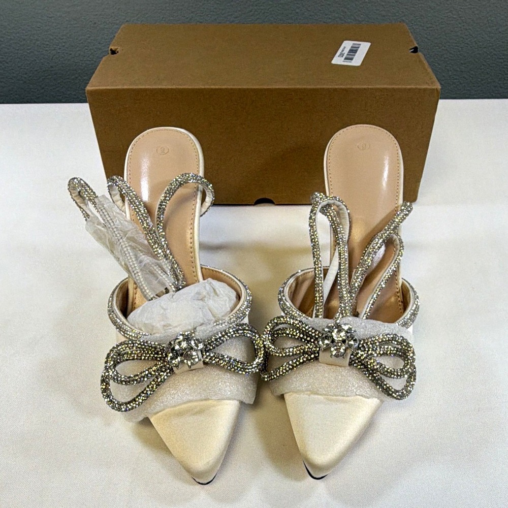 Vetaste Ivory Rhinestone Bow Strappy Pointed Toe High Heel Mules US 9 Medium